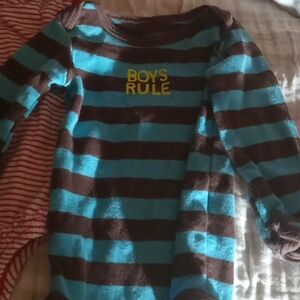Boys rule in yellow brown and blue stripes onesie with mittens attached